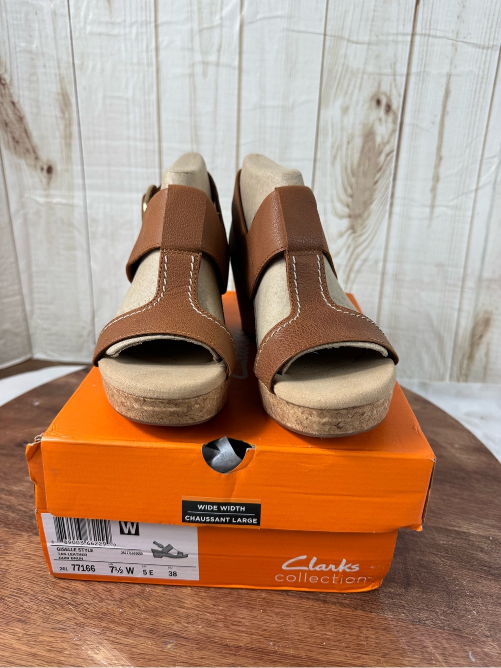 Clarks Tan Leather Cork Wedge Sandals